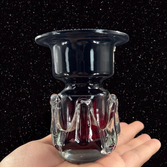 Polish Art Glass Red W Clear Swirls Vase Single Candle Holder From Poland VTG - Picture 10 of 11